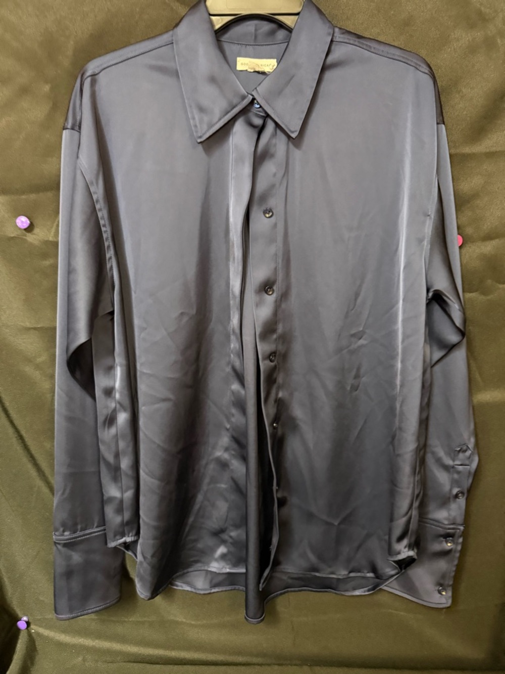 Good American Satin Button-Down Shirt in Navy.
